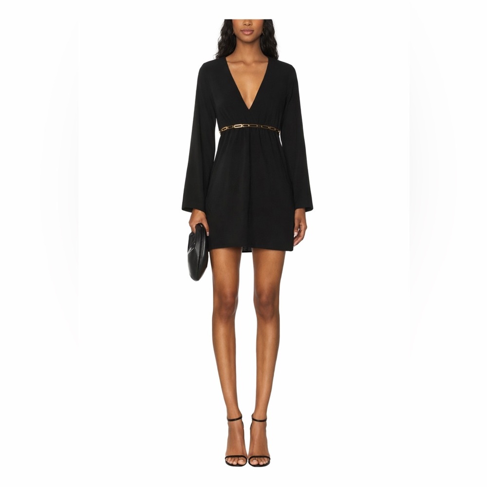 Halston Heritage Black V-Neck Long Sleeve Mini Dress with Gold Chain Accent